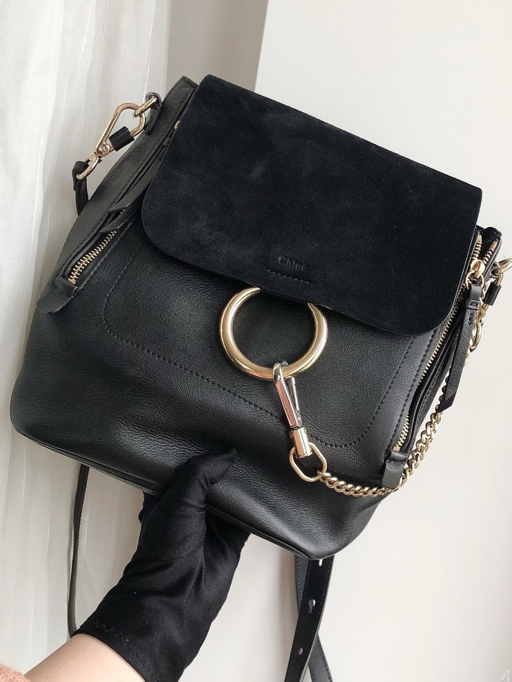Chloe Black Leather & Suede Shoulder Bag with Gold Ring